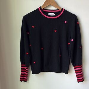 Brodie Cashmere Mini Heart Sweater 100% Cashmere Black Pink Red Stripes Size S